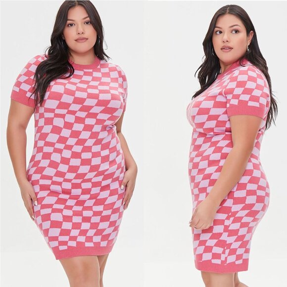 NWT Forever 21 Psychedelic Checkered Mini Knit Sweater Dress 0X - Picture 1 of 8